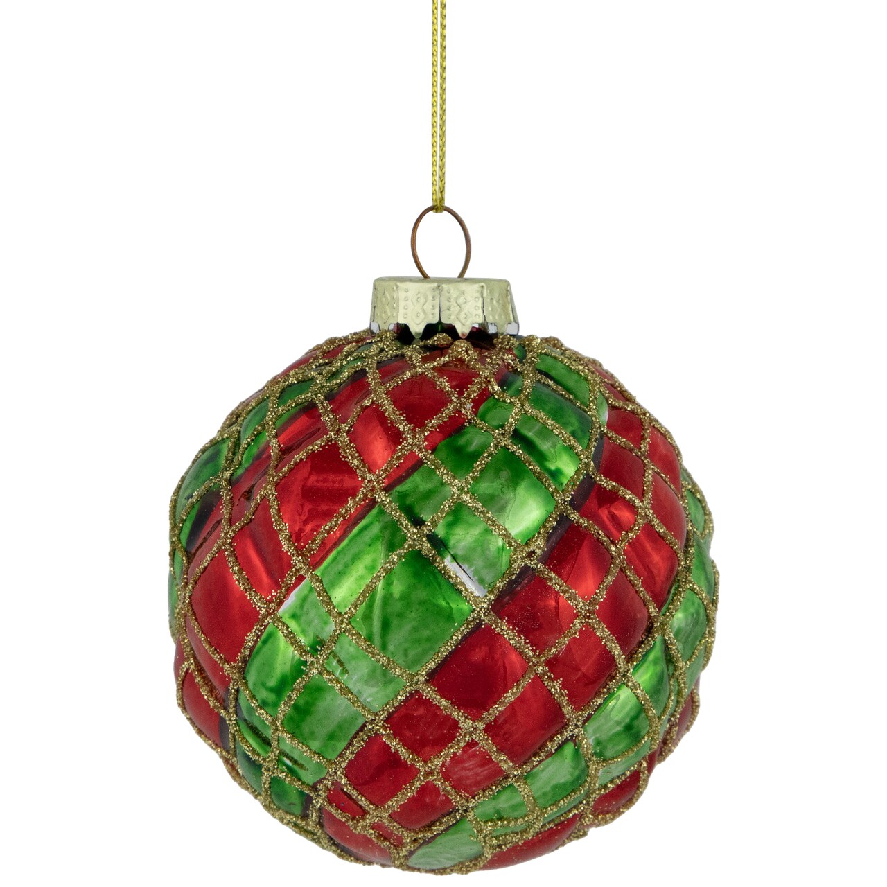 Northlight Glitter Lattice Striped Christmas Glass Ball Ornaments - 3" (80mm) - Red and Green - 4ct